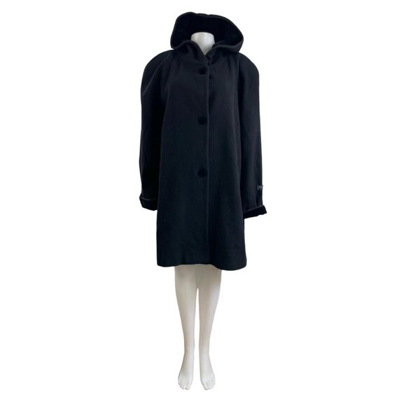 Vintage Black Wool & Cashmere Coat Plus Size 2X 1990s Velvet Trim Overcoat Gorg - Picture 5 of 8